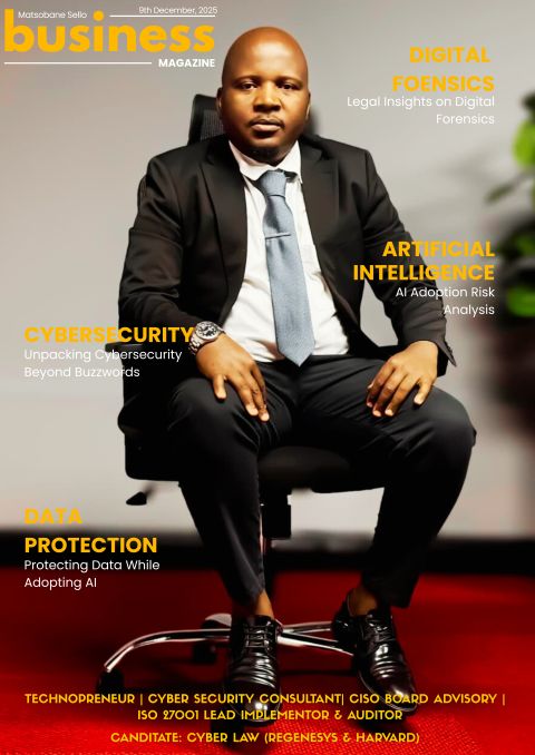 Business magazine cover featuring Sello Matsobane with themes including cybersecurity, artificial intelligence, and data protection.